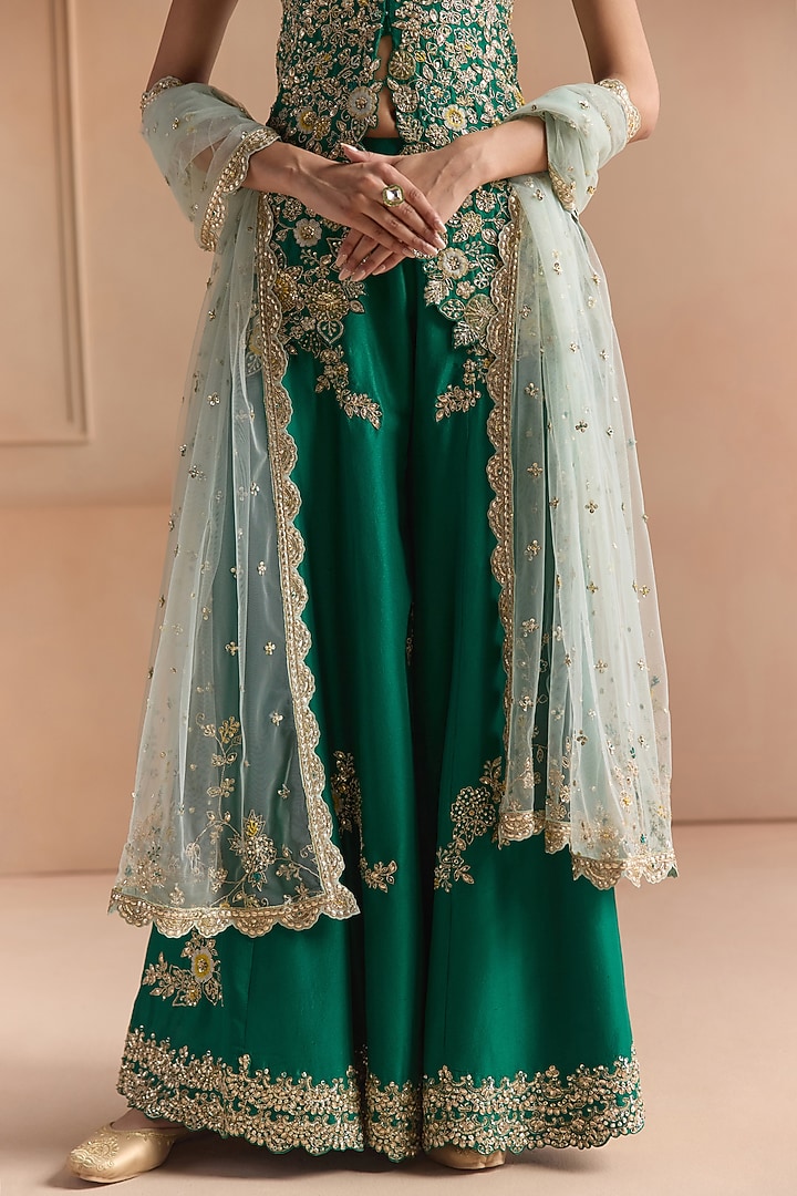 Jewel Green Mulberry Silk Aari Embroidered Gharara Set by Osaa By Adarsh at Pernia's Pop Up Shop