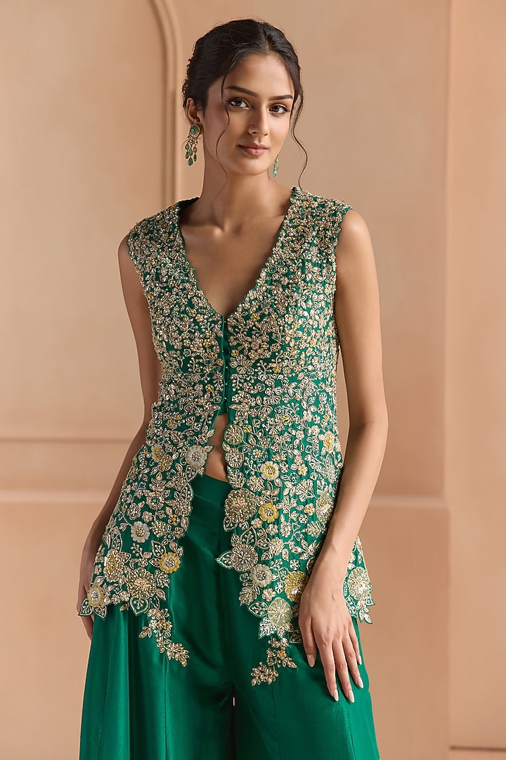 Jewel Green Mulberry Silk Aari Embroidered Gharara Set by Osaa By Adarsh at Pernia's Pop Up Shop
