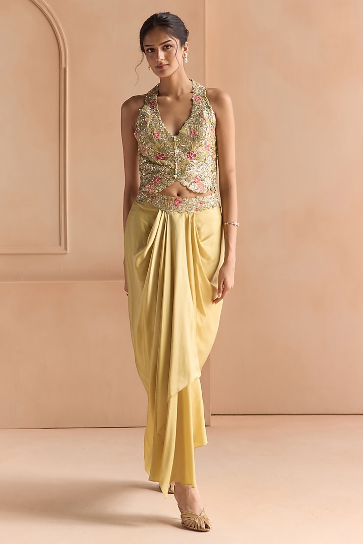 Butter Yellow Tissue Silk Aari Embroidered Skirt Set by Osaa By Adarsh at Pernia's Pop Up Shop