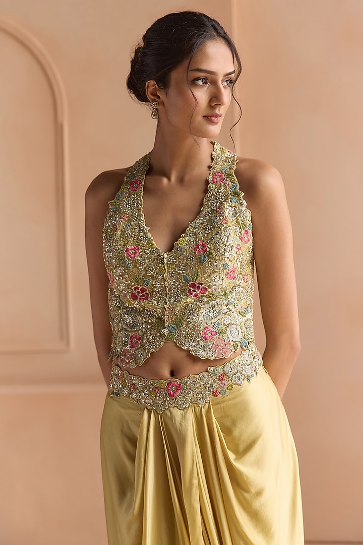 Butter Yellow Tissue Silk Aari Embroidered Skirt Set by Osaa By Adarsh at Pernia's Pop Up Shop