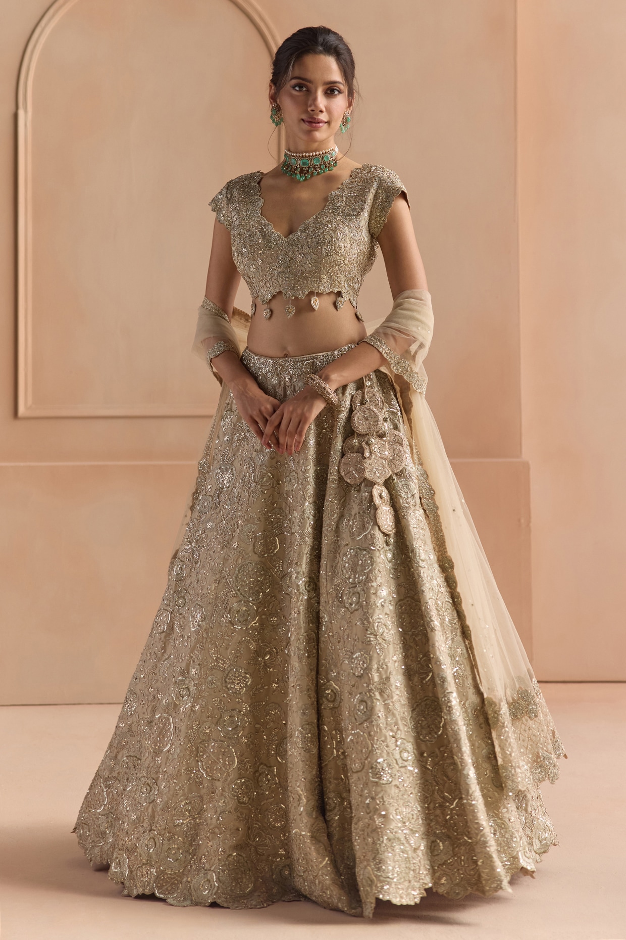 Osaa By Adarsh Champagne Tissue Silk Aari Embroidered Lehenga Set