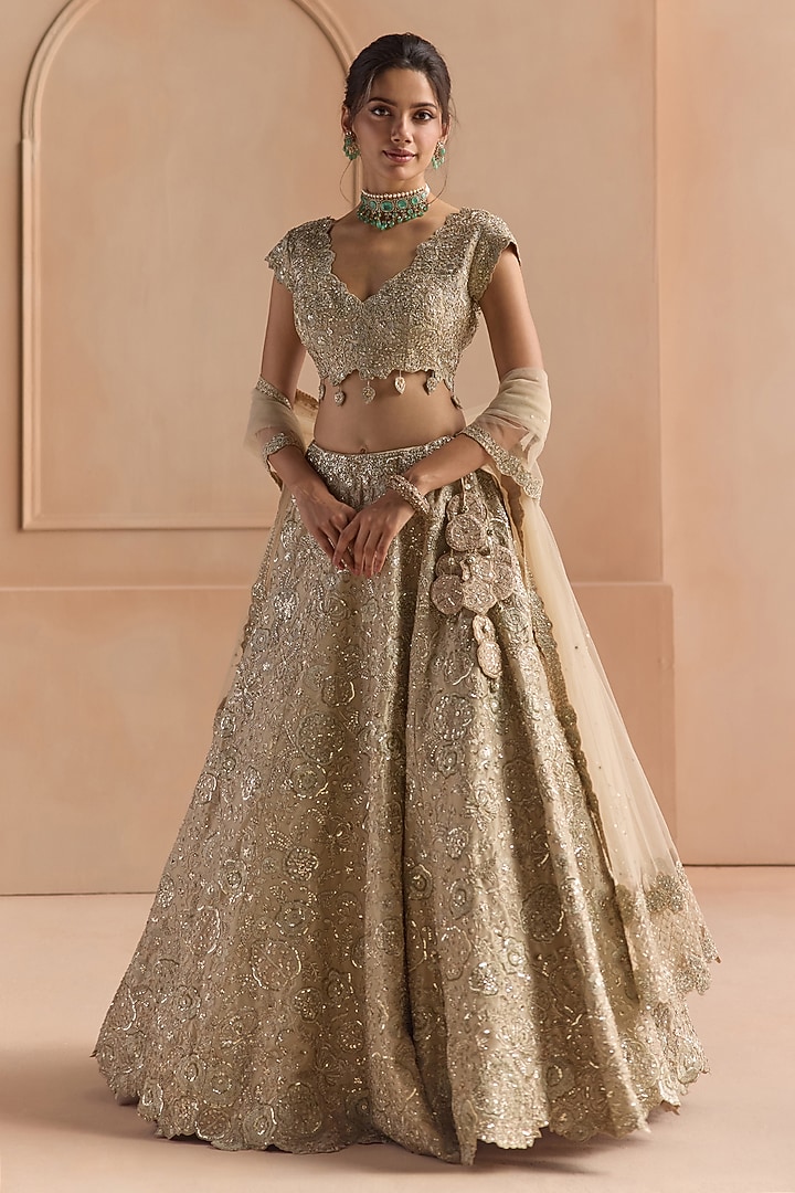 Champagne Tissue Silk Aari Embroidered Bridal Lehenga Set by Osaa By Adarsh at Pernia's Pop Up Shop