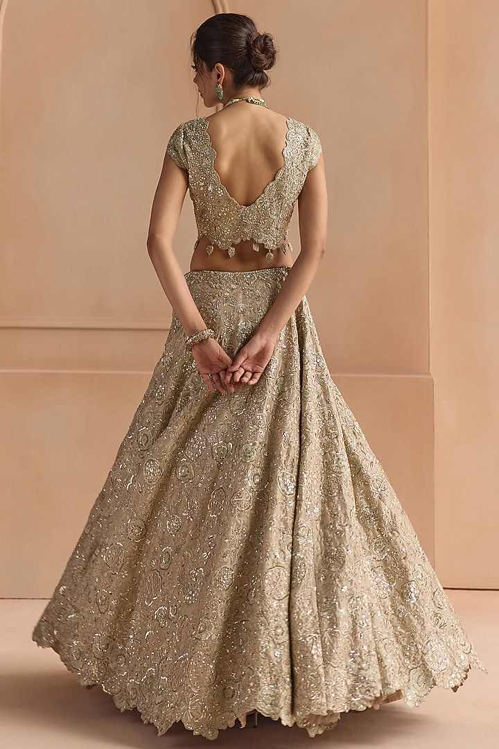 Champagne Tissue Silk Aari Embroidered Bridal Lehenga Set by Osaa By Adarsh at Pernia's Pop Up Shop