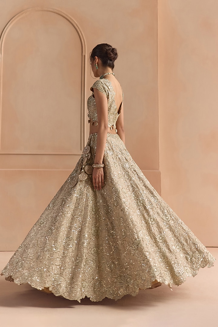 Champagne Tissue Silk Aari Embroidered Bridal Lehenga Set by Osaa By Adarsh at Pernia's Pop Up Shop