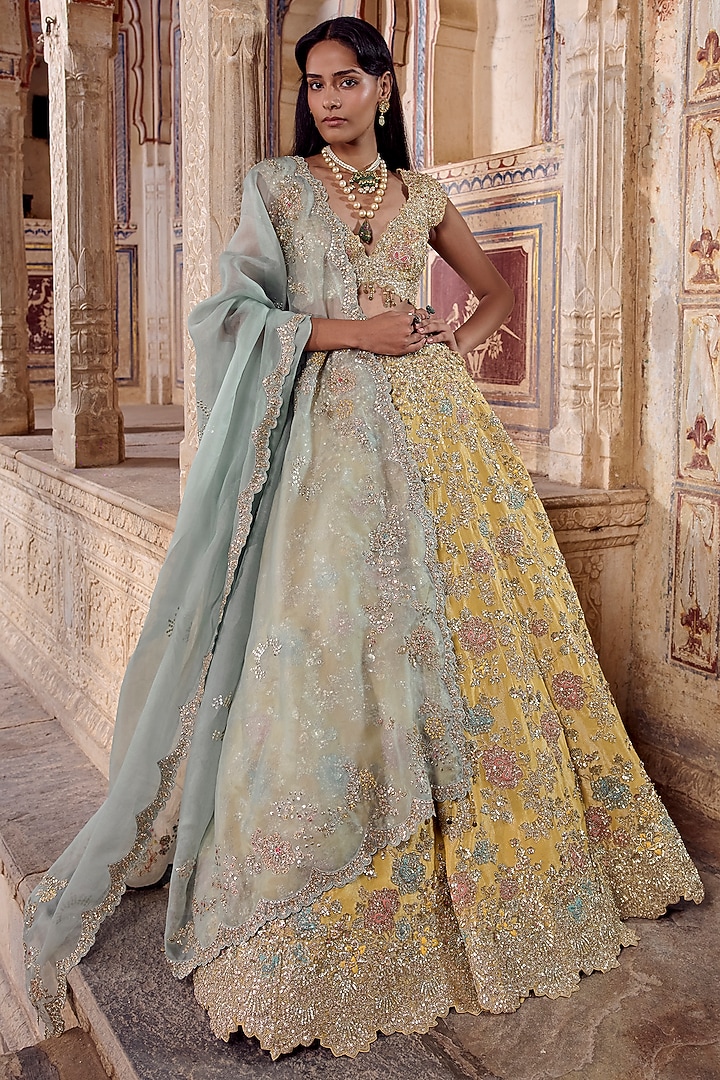 Maize Yellow Tissue Silk Zardosi Embroidered Bridal Bridal Lehenga Set by Osaa By Adarsh at Pernia's Pop Up Shop