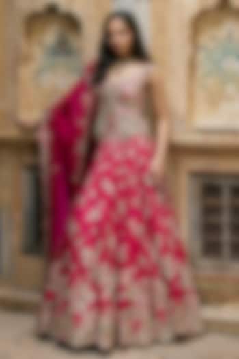 Ruby Pink Mulberry Silk Aari Embroidered Bridal Bridal Lehenga Set by Osaa By Adarsh at Pernia's Pop Up Shop