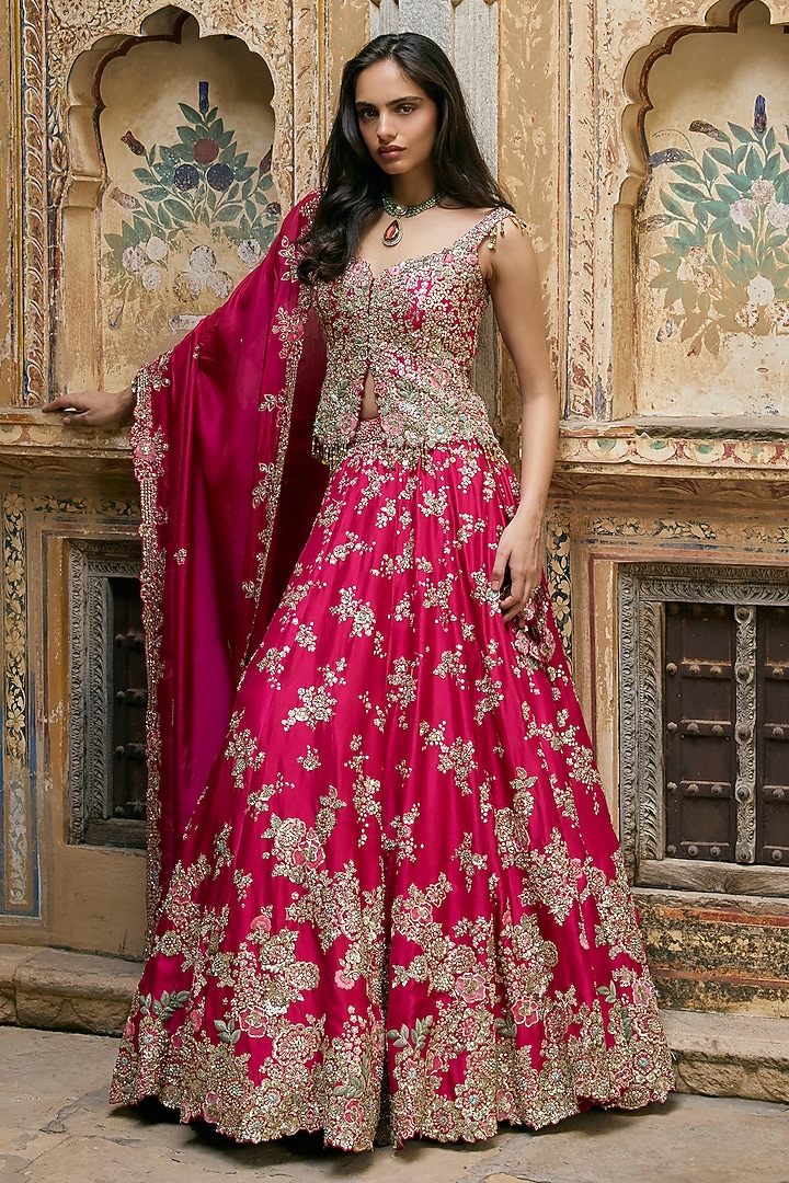 Ruby Pink Mulberry Silk Aari Embroidered Bridal Bridal Lehenga Set by Osaa By Adarsh at Pernia's Pop Up Shop