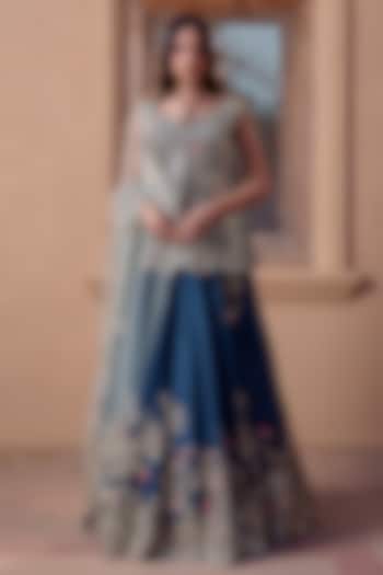 Midnight Blue Mulberry Silk Aari Embroidered Bridal Bridal Lehenga Set by Osaa By Adarsh at Pernia's Pop Up Shop