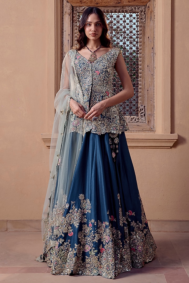 Midnight Blue Mulberry Silk Aari Embroidered Bridal Bridal Lehenga Set by Osaa By Adarsh at Pernia's Pop Up Shop
