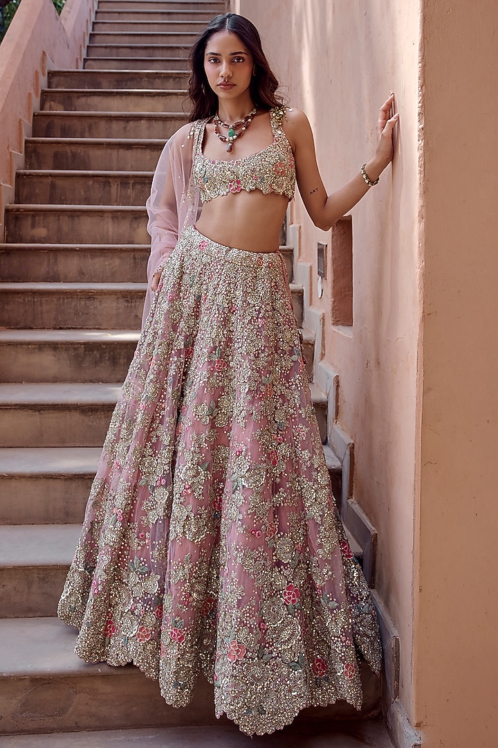 Oyster Pink Organza Aari Embroidered Bridal Bridal Lehenga Set by Osaa By Adarsh at Pernia's Pop Up Shop