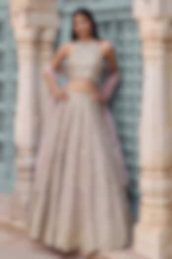 Tan Tissue Silk Applique Embroidered Bridal Bridal Lehenga Set by Osaa By Adarsh at Pernia's Pop Up Shop