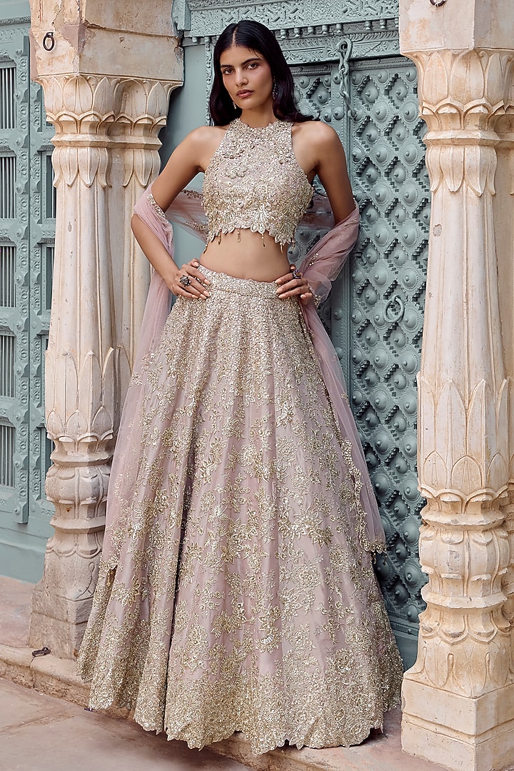 Tan Tissue Silk Applique Embroidered Bridal Bridal Lehenga Set by Osaa By Adarsh at Pernia's Pop Up Shop