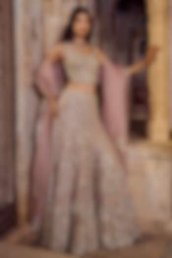Camellia Pink Tissue Silk Zardosi Embroidered Bridal Bridal Lehenga Set by Osaa By Adarsh at Pernia's Pop Up Shop