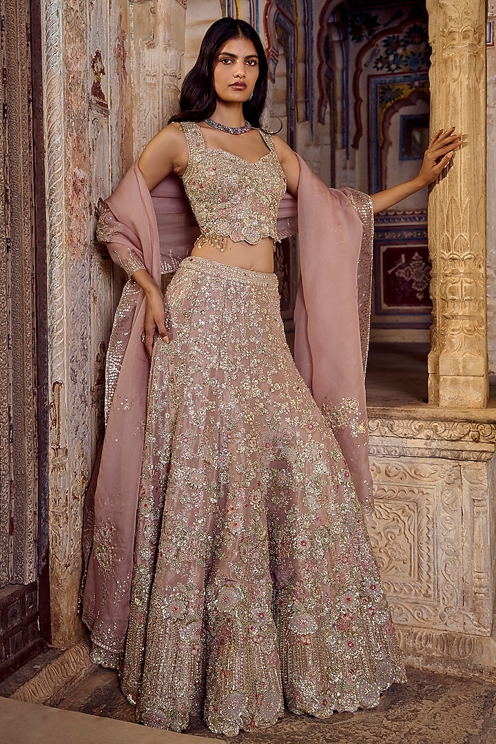 Camellia Pink Tissue Silk Zardosi Embroidered Bridal Bridal Lehenga Set by Osaa By Adarsh at Pernia's Pop Up Shop