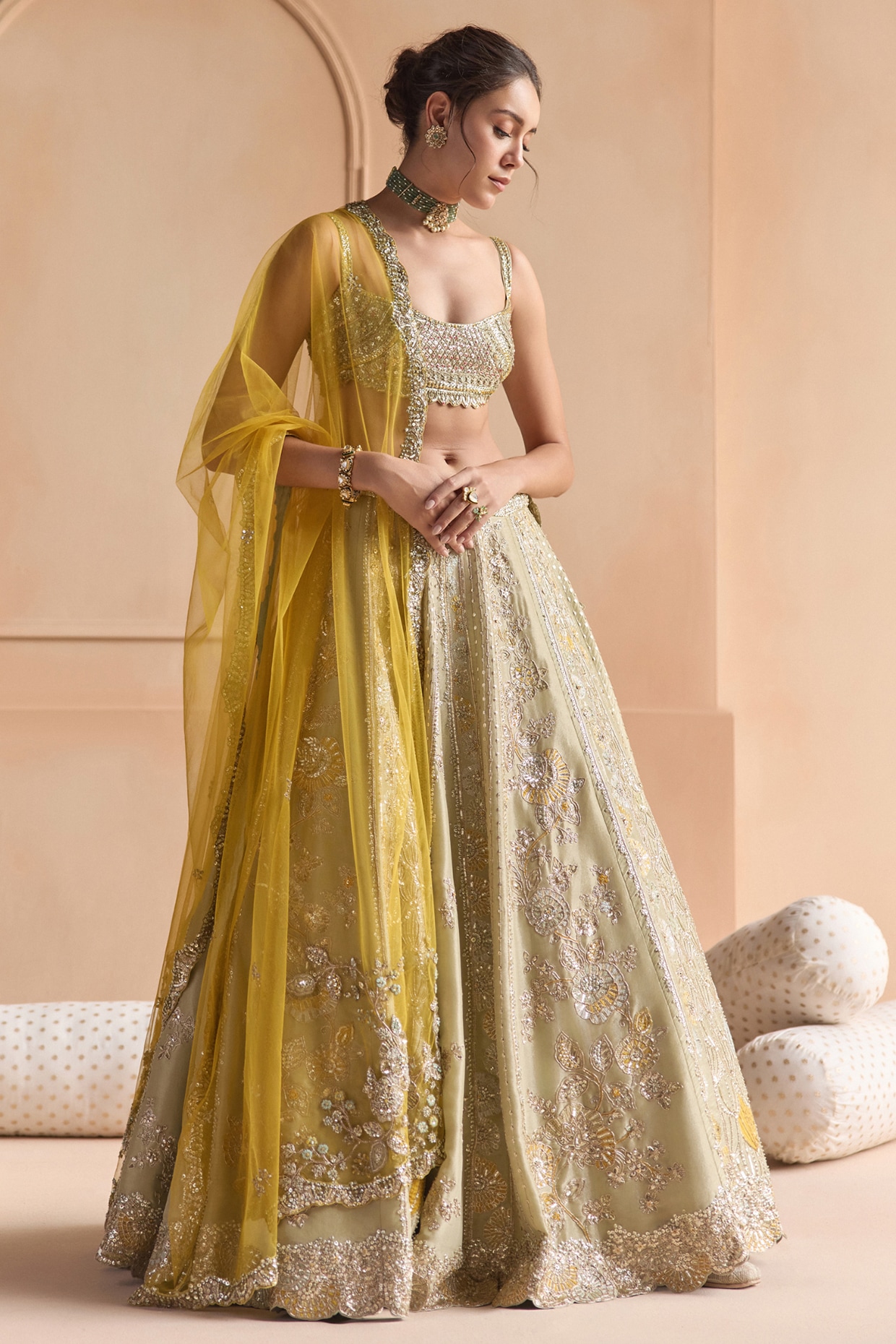 OSAA By Adarsh Sage Tissue Silk Zardosi Embroidered Lehenga Set