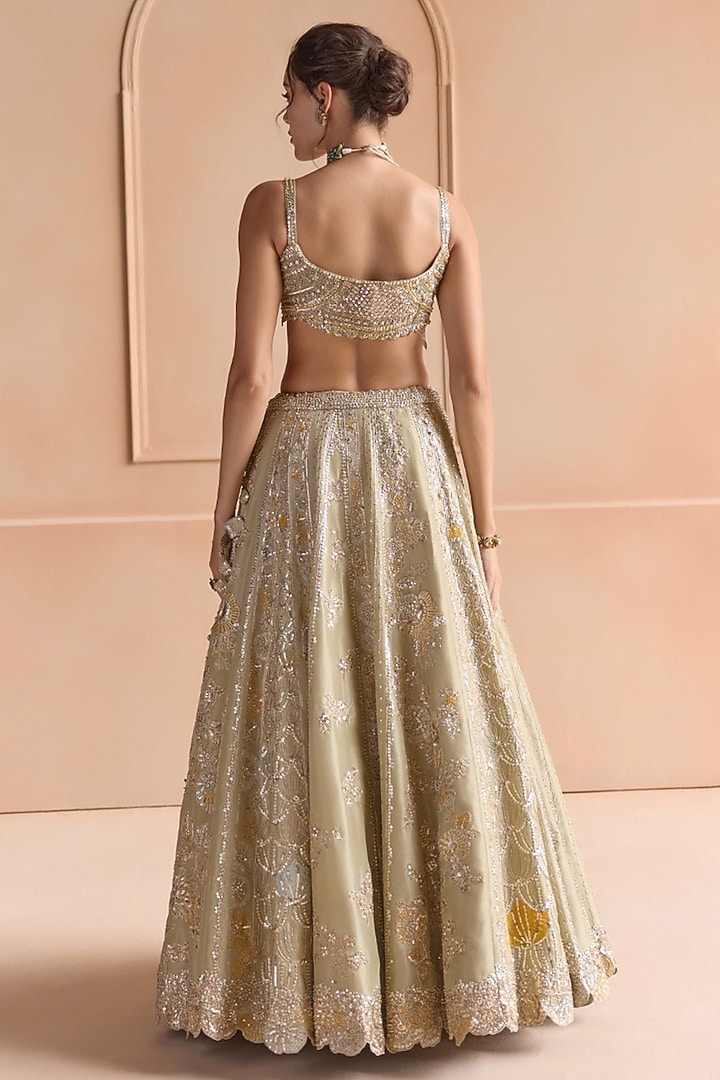 Sage Tissue Silk Zardosi Embroidered Bridal Lehenga Set by OSAA By Adarsh at Pernia's Pop Up Shop