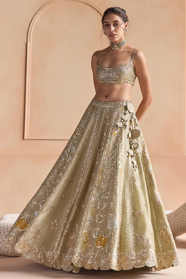 Sage Tissue Silk Zardosi Embroidered Bridal Lehenga Set by OSAA By Adarsh at Pernia's Pop Up Shop