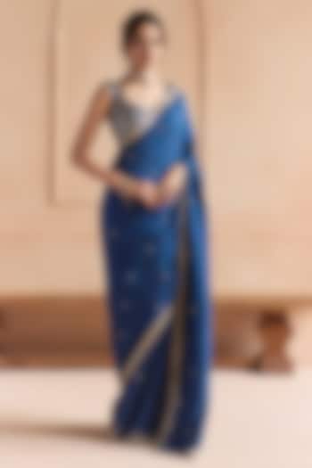 French Navy Mulberry Silk Zardosi Embroidered Wedding Saree Set by OSAA By Adarsh at Pernia's Pop Up Shop
