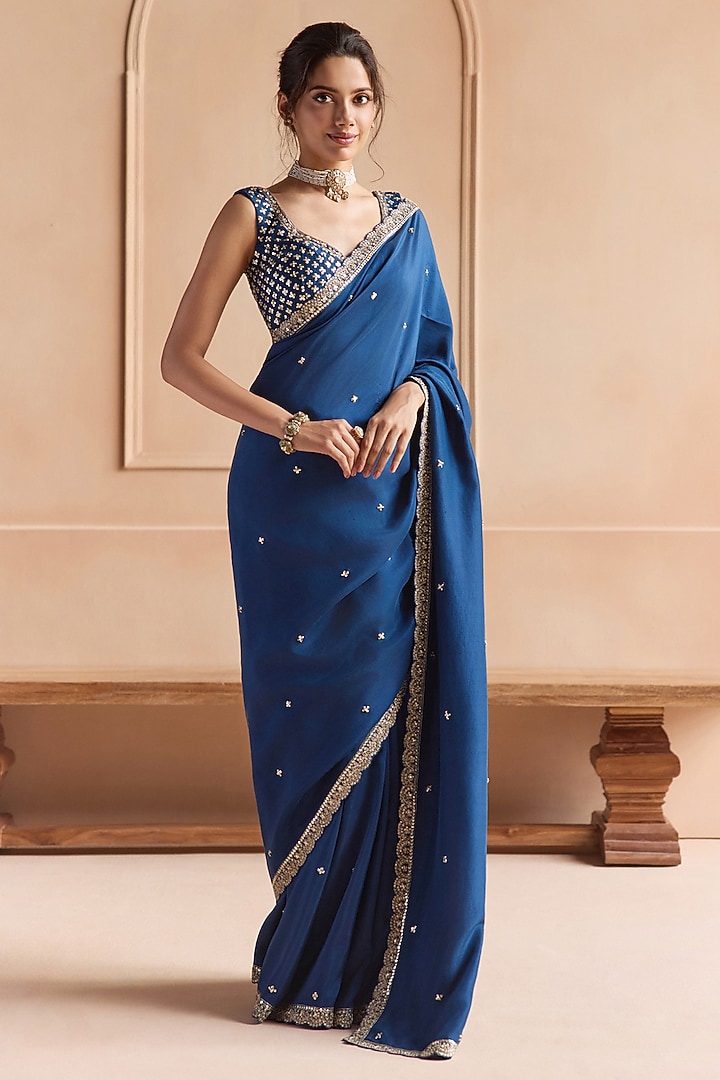 French Navy Mulberry Silk Zardosi Embroidered Wedding Saree Set by OSAA By Adarsh at Pernia's Pop Up Shop