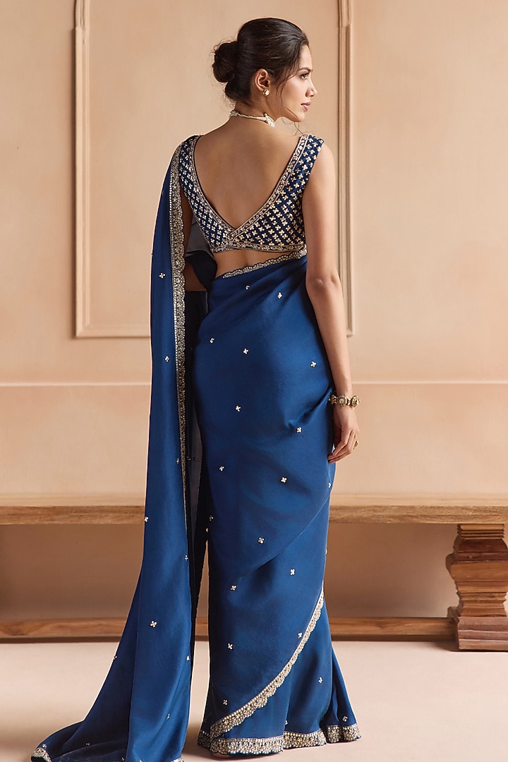 French Navy Mulberry Silk Zardosi Embroidered Wedding Saree Set by OSAA By Adarsh at Pernia's Pop Up Shop