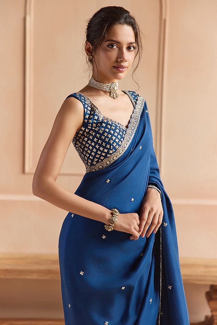 French Navy Mulberry Silk Zardosi Embroidered Wedding Saree Set by OSAA By Adarsh at Pernia's Pop Up Shop