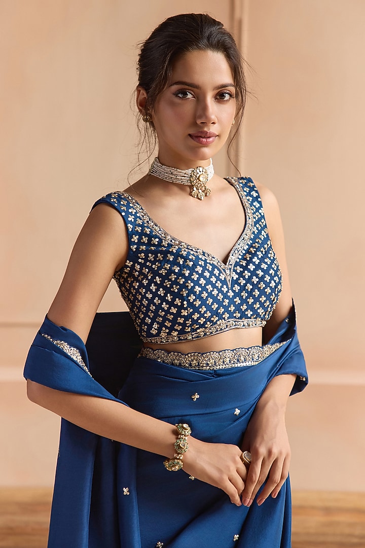 French Navy Mulberry Silk Zardosi Embroidered Wedding Saree Set by OSAA By Adarsh at Pernia's Pop Up Shop