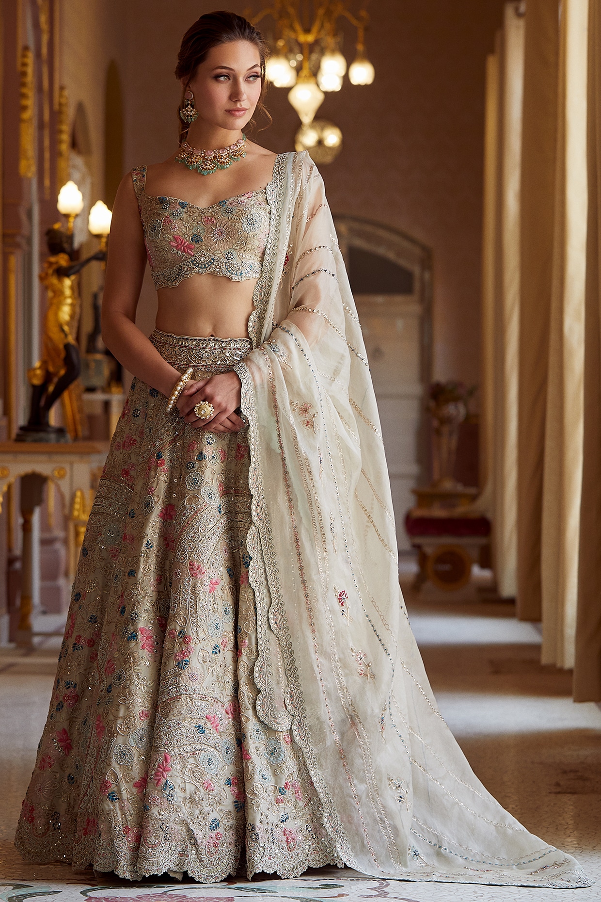 Buy Beige Taffeta Silk Embroidered Pearl U Mother Of Bridal Lehenga Set For  Women by Mala and Kinnary Online at Aza Fashions.