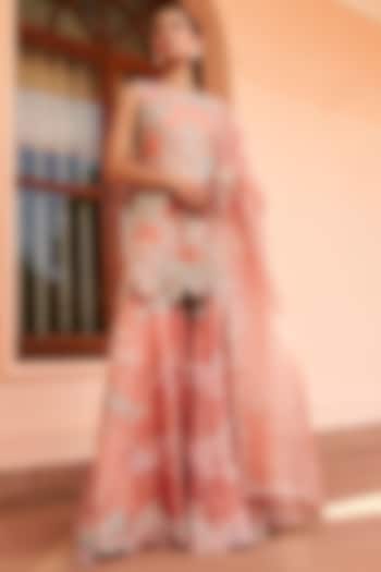 Coral Organza Zardosi Embroidered Bridal Sharara Set by Osaa By Adarsh at Pernia's Pop Up Shop