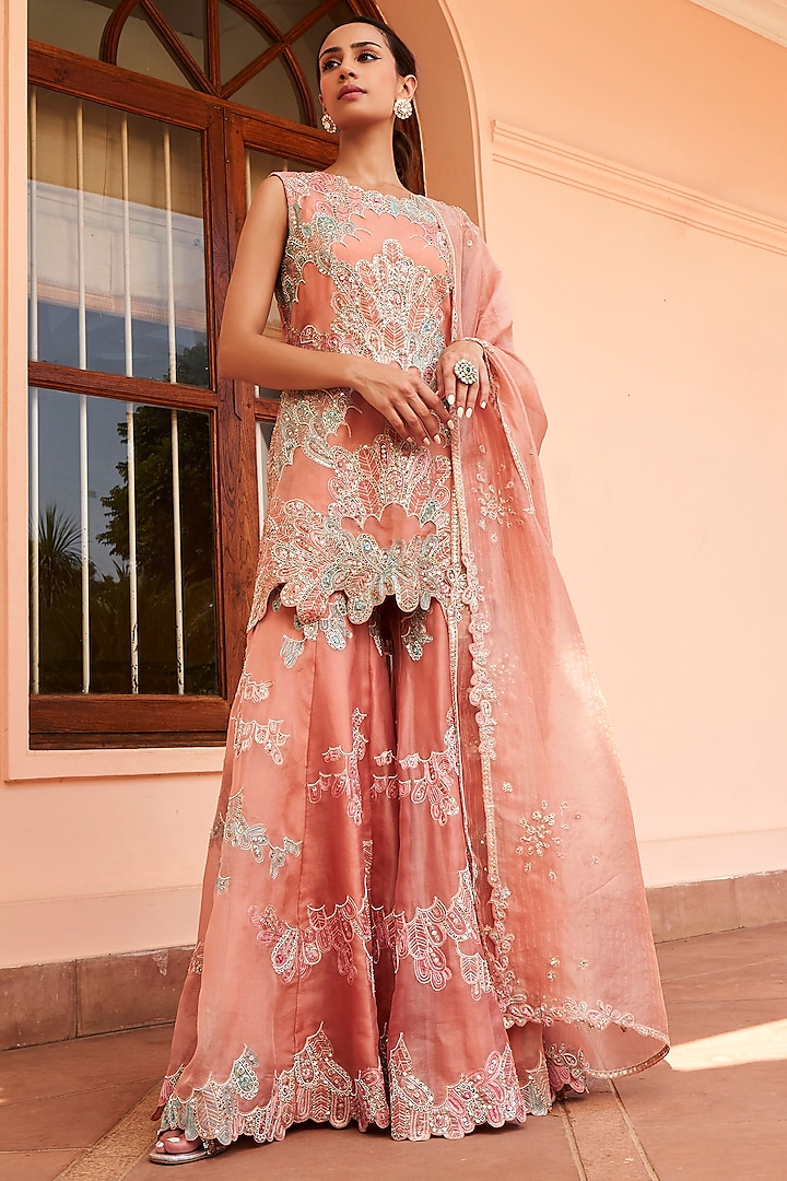 Coral Organza Zardosi Embroidered Bridal Sharara Set by Osaa By Adarsh at Pernia's Pop Up Shop