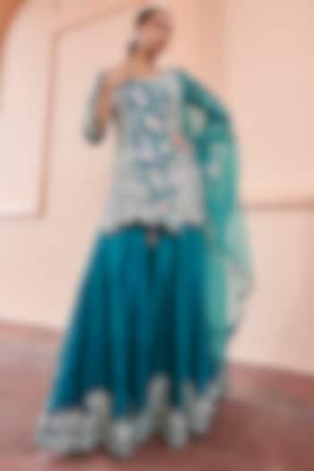 Pine Green Organza Zardosi Embroidered Bridal Sharara Set by Osaa By Adarsh at Pernia's Pop Up Shop