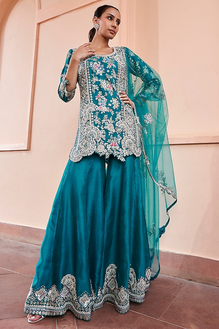 Pine Green Organza Zardosi Embroidered Bridal Sharara Set by Osaa By Adarsh at Pernia's Pop Up Shop