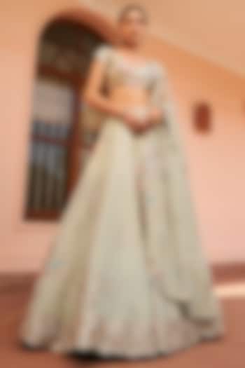 Dusty Olive Tissue Embroidered Bridal Lehenga Set by Osaa By Adarsh at Pernia's Pop Up Shop