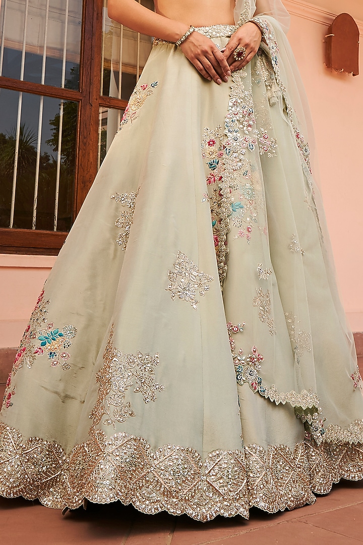 Dusty Olive Tissue Embroidered Bridal Lehenga Set by Osaa By Adarsh at Pernia's Pop Up Shop
