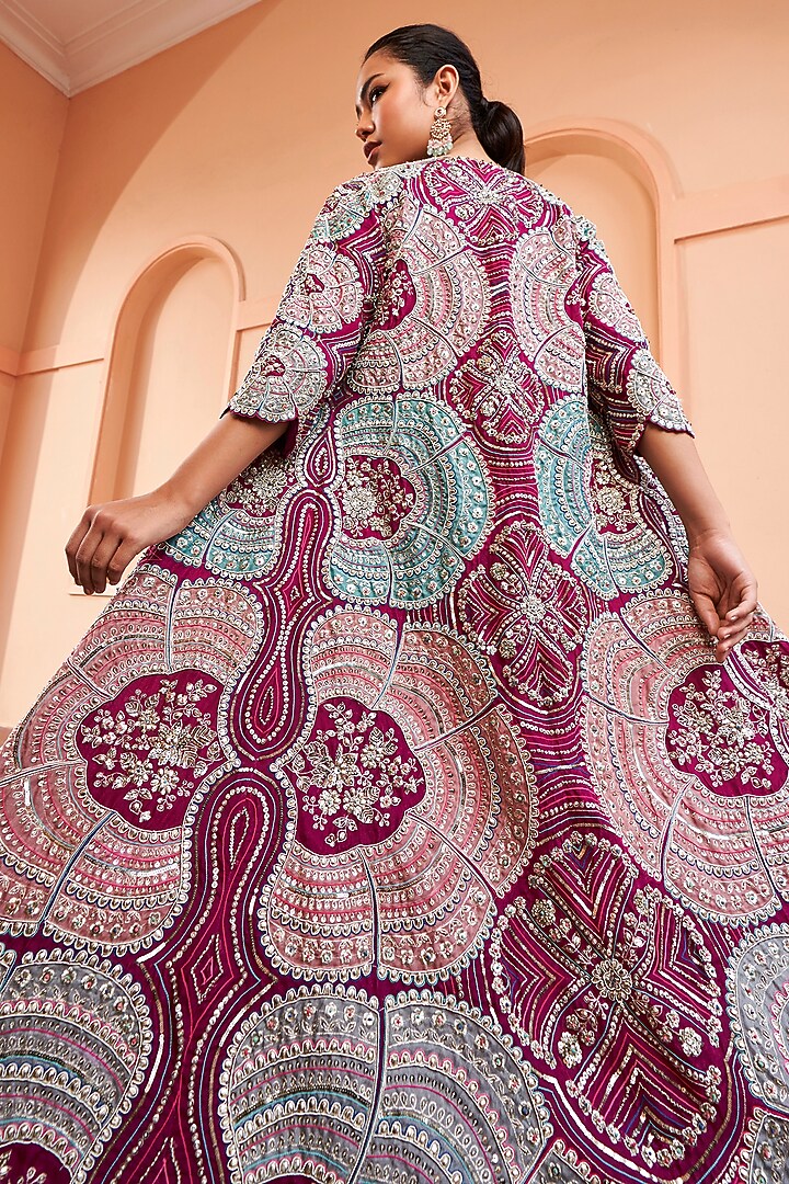 Sangria Plum Mulberry Silk Zardosi Embroidered Jacket Set by Osaa By Adarsh at Pernia's Pop Up Shop