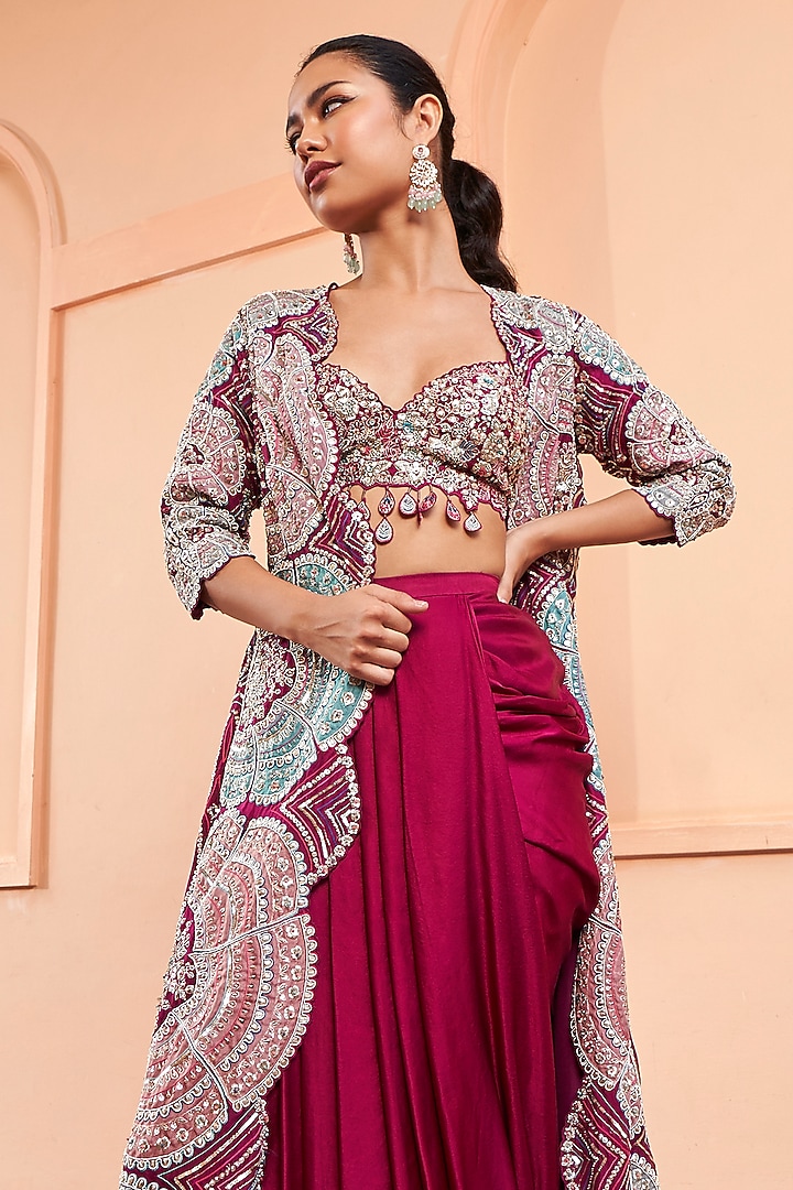 Sangria Plum Mulberry Silk Zardosi Embroidered Jacket Set by Osaa By Adarsh at Pernia's Pop Up Shop