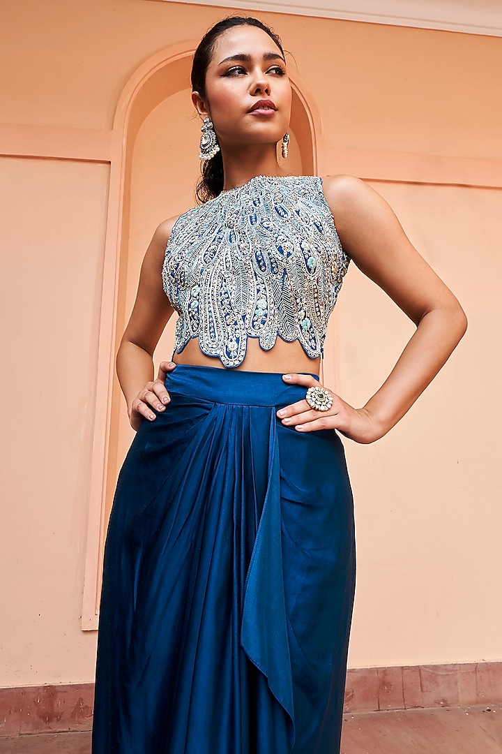 Jade Blue Mulberry Silk Skirt Set by Osaa By Adarsh at Pernia's Pop Up Shop