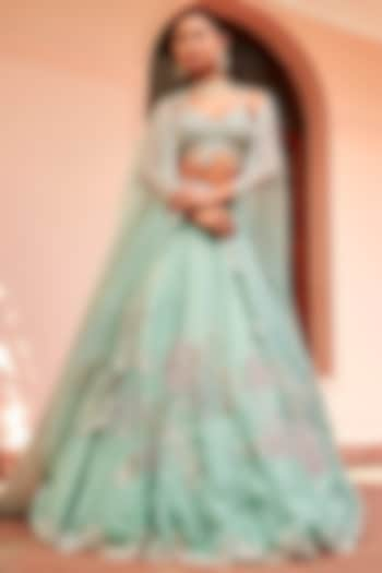 Cadet Blue Organza Zardosi Embroidered Wedding Lehenga Set by Osaa By Adarsh at Pernia's Pop Up Shop