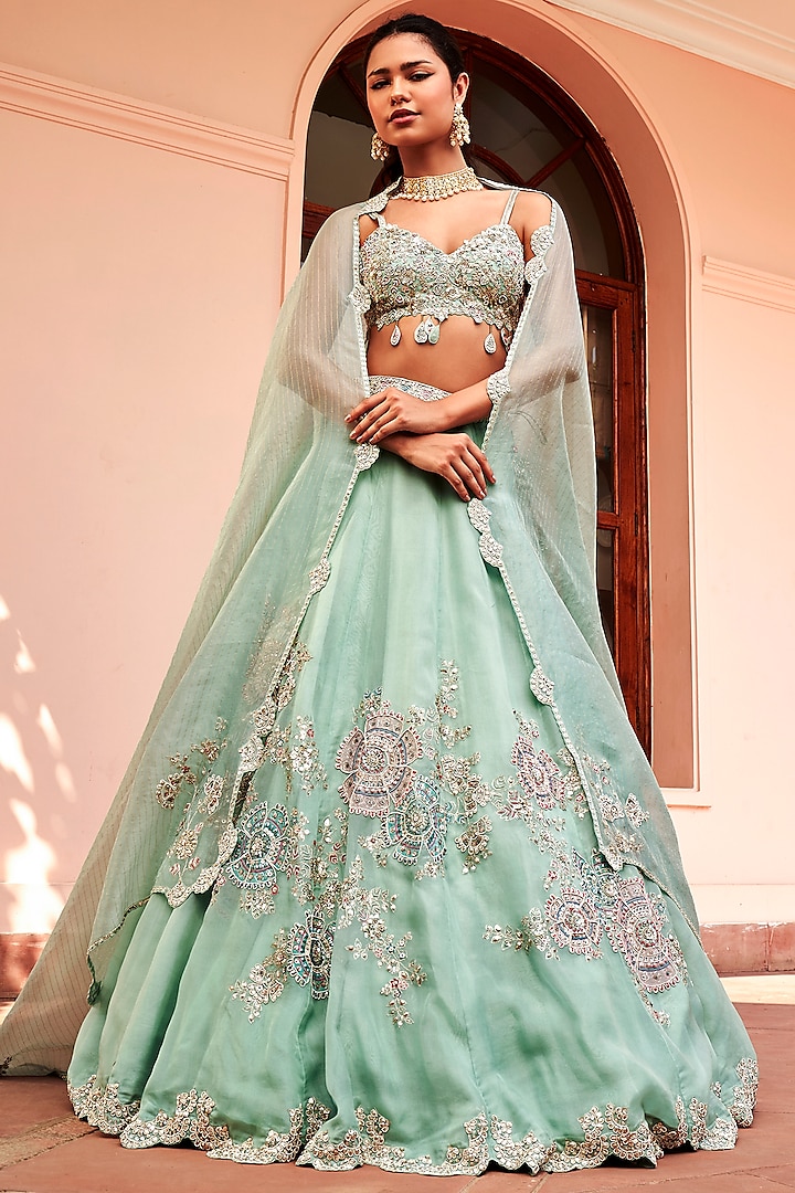 Cadet Blue Organza Zardosi Embroidered Wedding Lehenga Set by Osaa By Adarsh at Pernia's Pop Up Shop