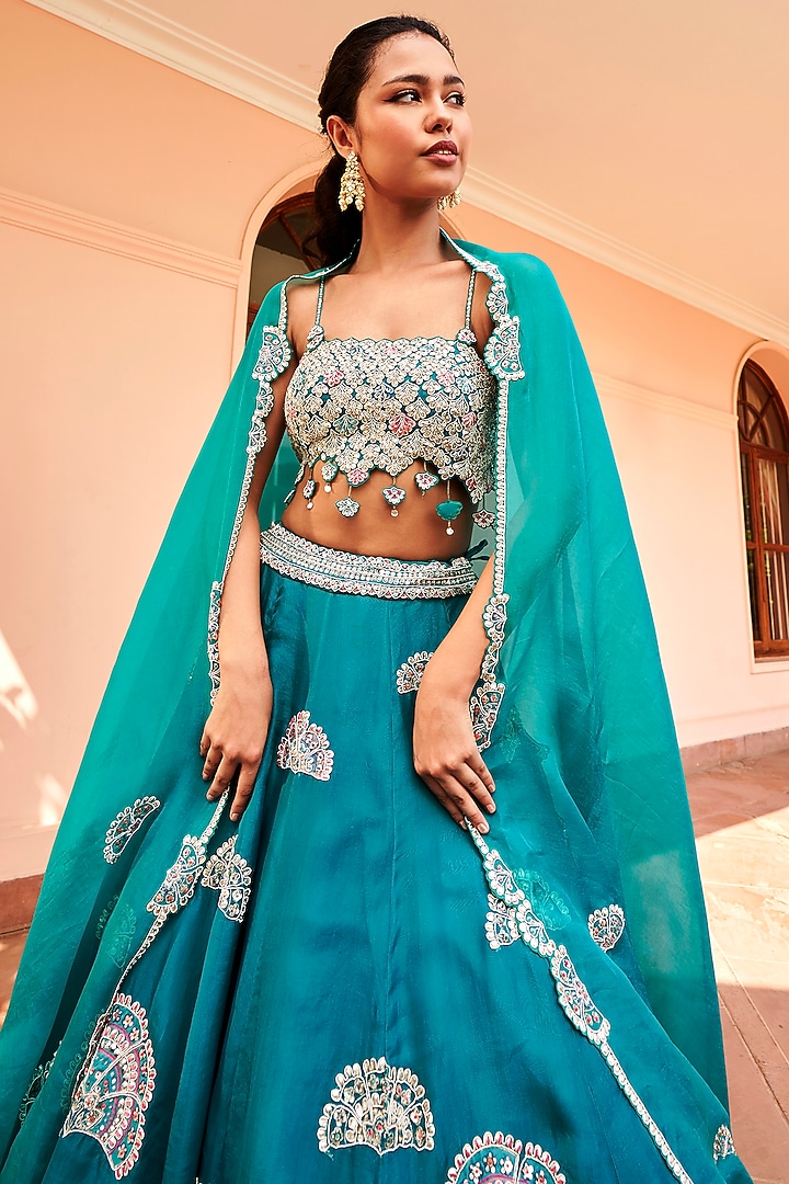 Pine Green Organza Zardosi Embroidered Bridal Lehenga Set by Osaa By Adarsh at Pernia's Pop Up Shop