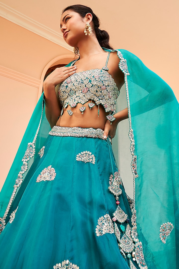Pine Green Organza Zardosi Embroidered Bridal Lehenga Set by Osaa By Adarsh at Pernia's Pop Up Shop