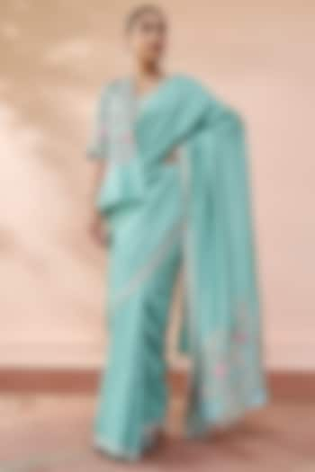 Teal Muga Silk Zardosi Embroidered Jacket Saree Set by Osaa By Adarsh at Pernia's Pop Up Shop