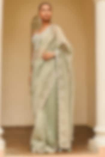 Pastel Grey Tissue Zardosi Embroidered Saree Set by Osaa By Adarsh at Pernia's Pop Up Shop