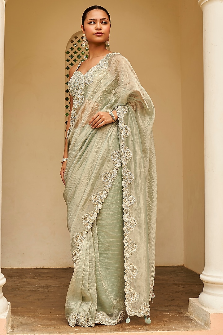 Pastel Grey Tissue Zardosi Embroidered Saree Set by Osaa By Adarsh at Pernia's Pop Up Shop