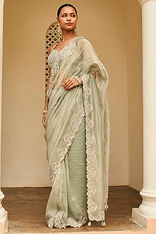 Pastel Grey Tissue Zardosi Embroidered Saree Set by Osaa By Adarsh