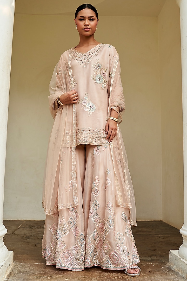 Sepia Rose Organza Zardosi Embroidered Bridal Sharara Set by Osaa By Adarsh at Pernia's Pop Up Shop