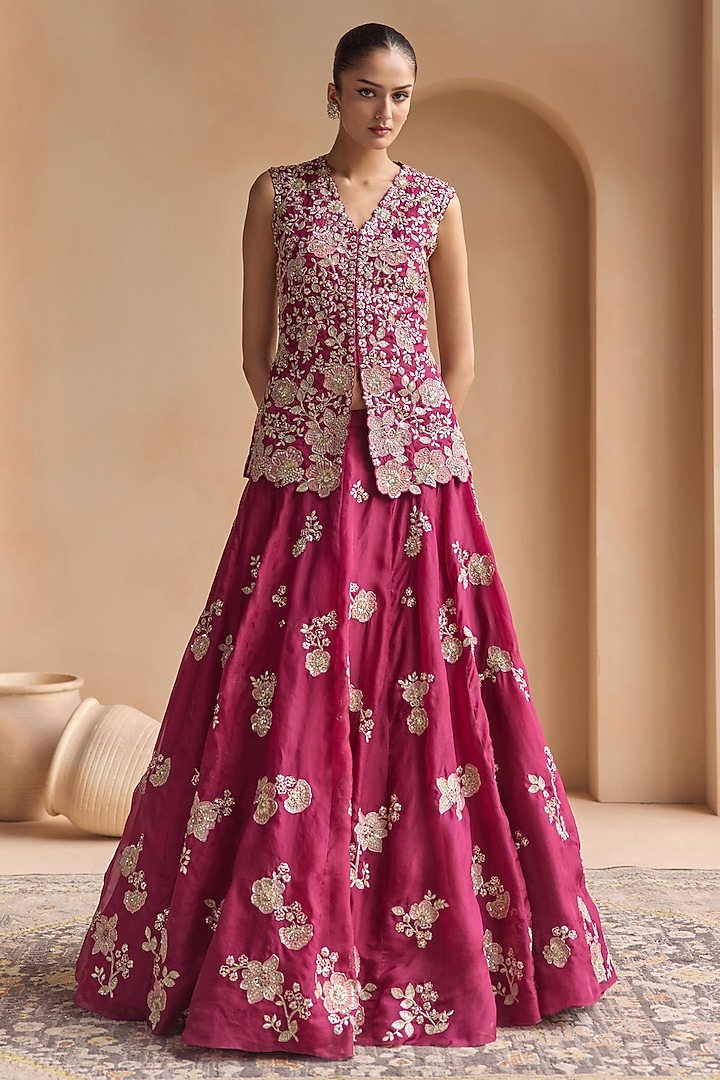 Sangria Plum Organza Zardosi Embroidered Jacket Bridal Lehenga Set by OSAA By Adarsh at Pernia's Pop Up Shop