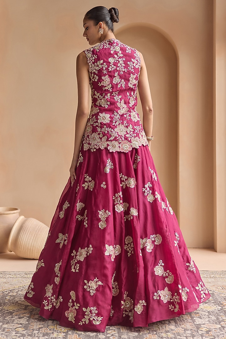 Sangria Plum Organza Zardosi Embroidered Jacket Bridal Lehenga Set by OSAA By Adarsh at Pernia's Pop Up Shop