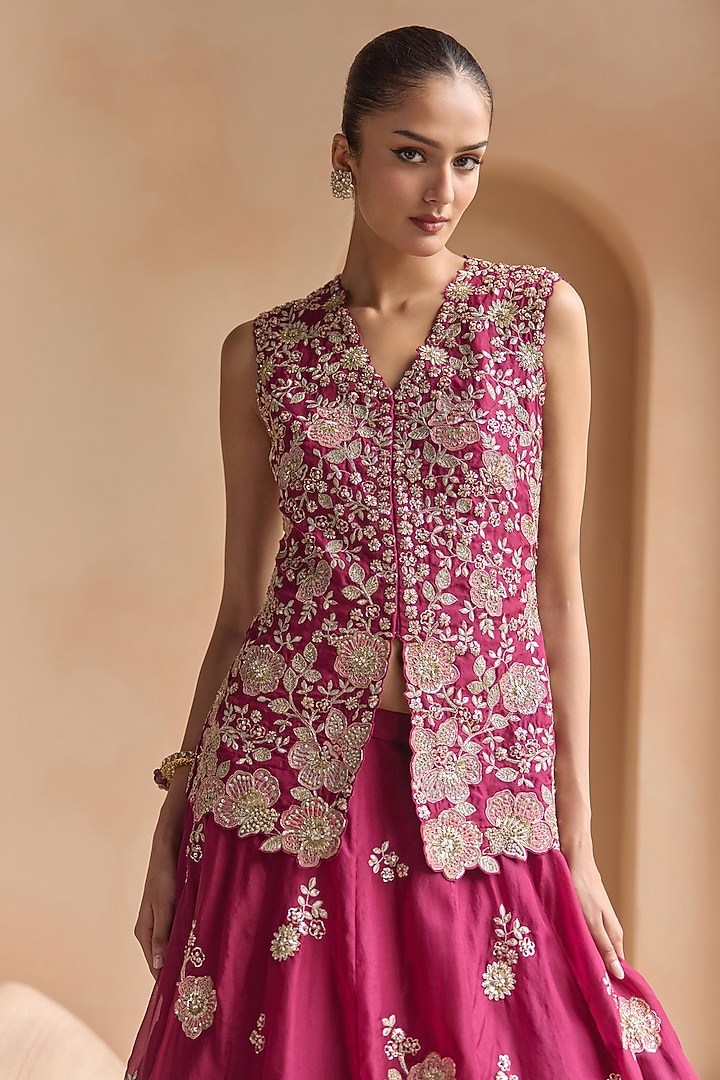 Sangria Plum Organza Zardosi Embroidered Jacket Bridal Lehenga Set by OSAA By Adarsh at Pernia's Pop Up Shop