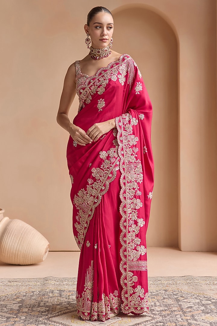 Chilly Red Mulberry Silk Zardosi Embroidered Reception Saree Set by OSAA By Adarsh at Pernia's Pop Up Shop