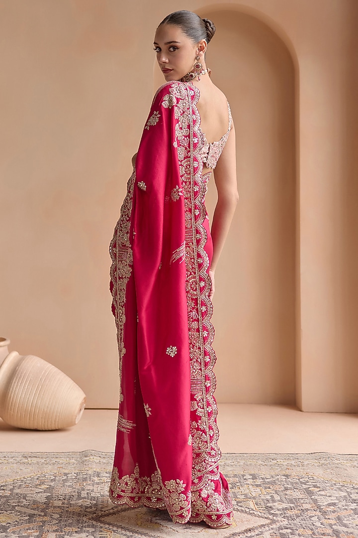 Chilly Red Mulberry Silk Zardosi Embroidered Reception Saree Set by OSAA By Adarsh at Pernia's Pop Up Shop